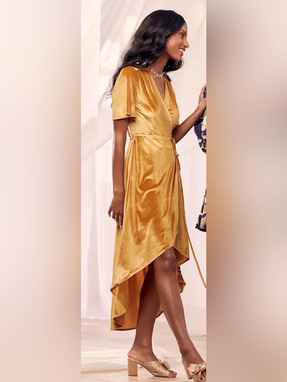Luluβs Amour golden yellow velvet high low lovely wrap dress medium